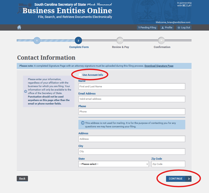 Step Eight: SC Incorporation - input Contact Information