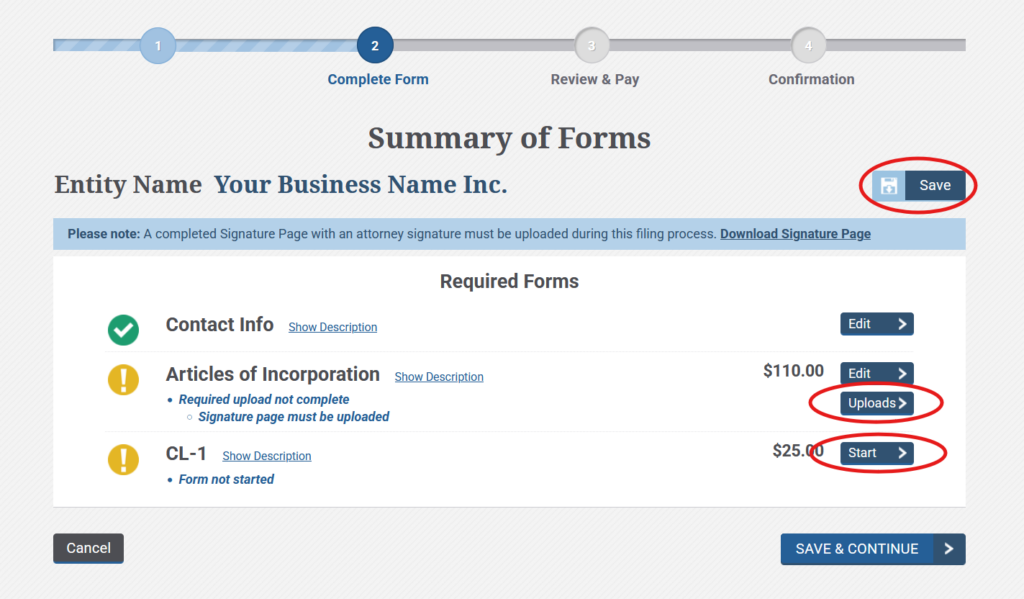 Step Eleven: SC Incorporation - Summary of Forms