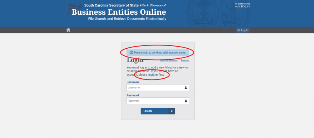 Step Six: SC Incorporation - Login
